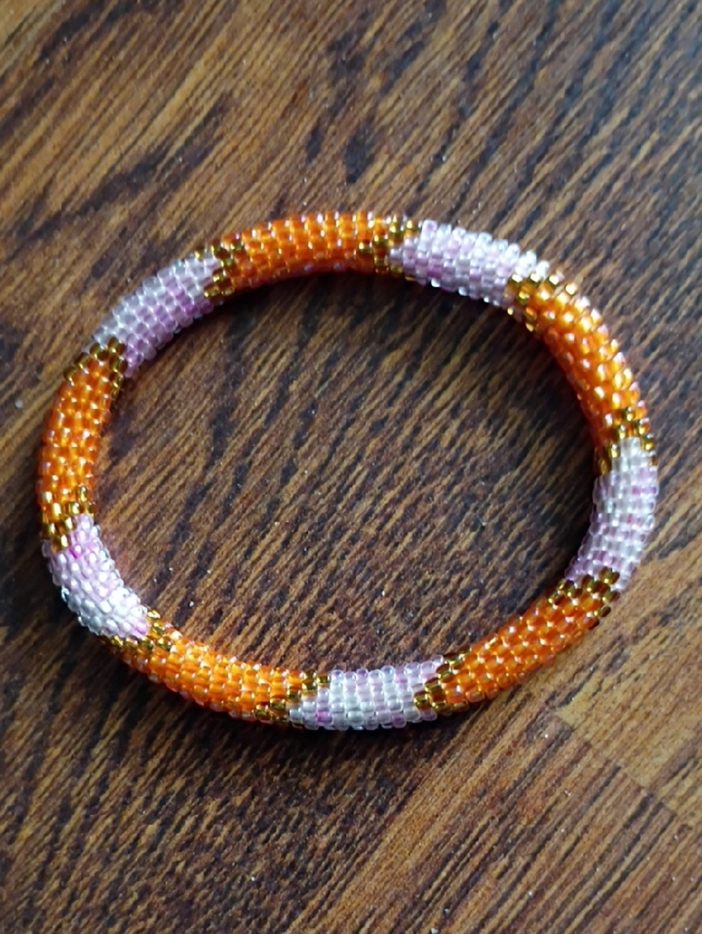 Seed Bead Bracelet in Orange, Light Pink & Gold